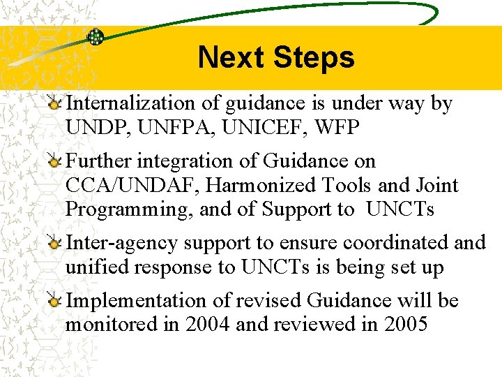 Next Steps Internalization of guidance is under way by UNDP, UNFPA, UNICEF, WFP Further