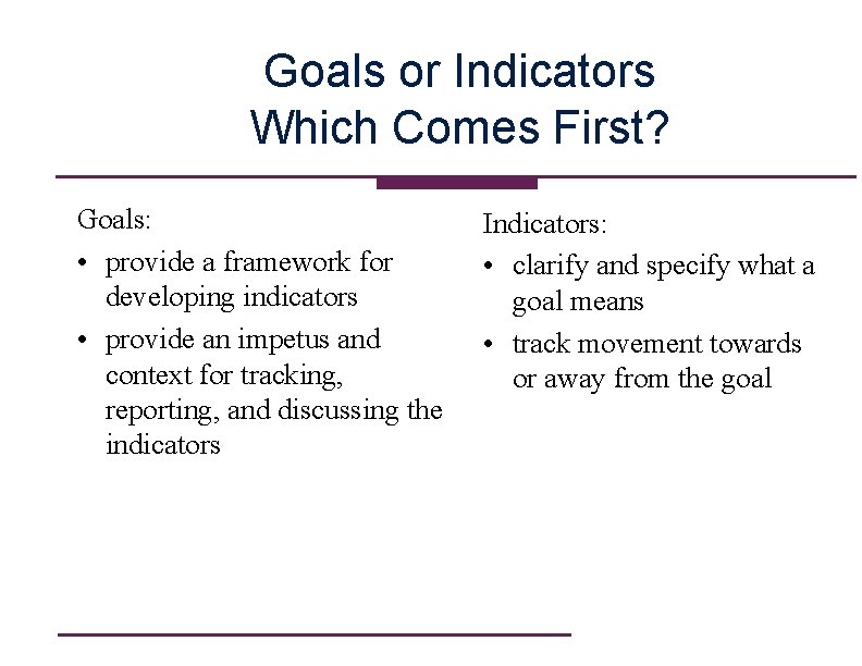 Goals or Indicators Which Comes First? Goals: • provide a framework for developing indicators