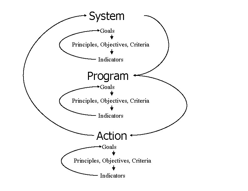 System Goals Principles, Objectives, Criteria Indicators Program Goals Principles, Objectives, Criteria Indicators Action Goals