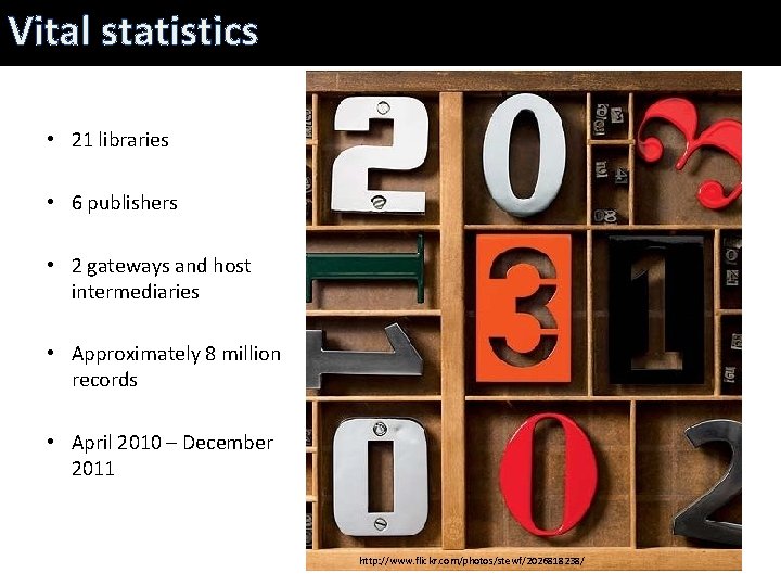 Vital statistics • 21 libraries • 6 publishers • 2 gateways and host intermediaries
