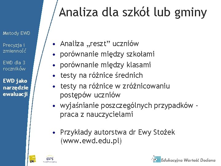 Analiza dla szkół lub gminy Metody EWD Precyzja i zmienność EWD dla 3 roczników