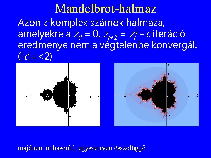 Mandelbrot-halmaz Azon c komplex számok halmaza, amelyekre a z 0 = 0, zi+1 =