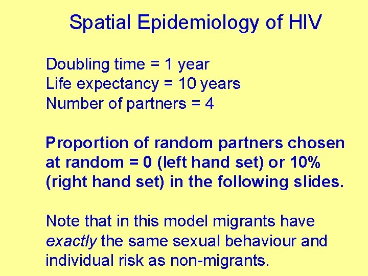 Spatial Epidemiology of HIV Doubling time = 1 year Life expectancy = 10 years