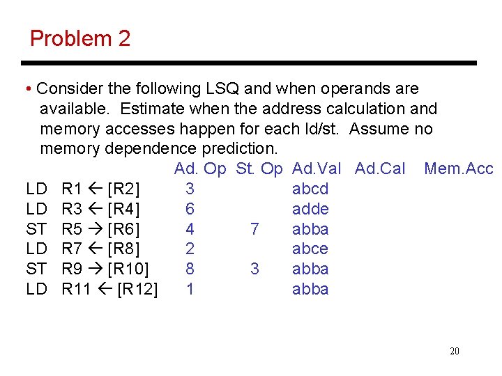 Problem 2 • Consider the following LSQ and when operands are available. Estimate when