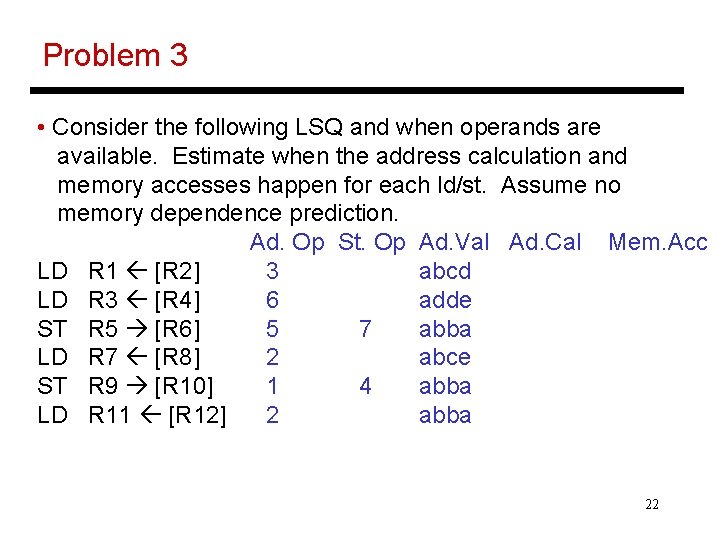 Problem 3 • Consider the following LSQ and when operands are available. Estimate when