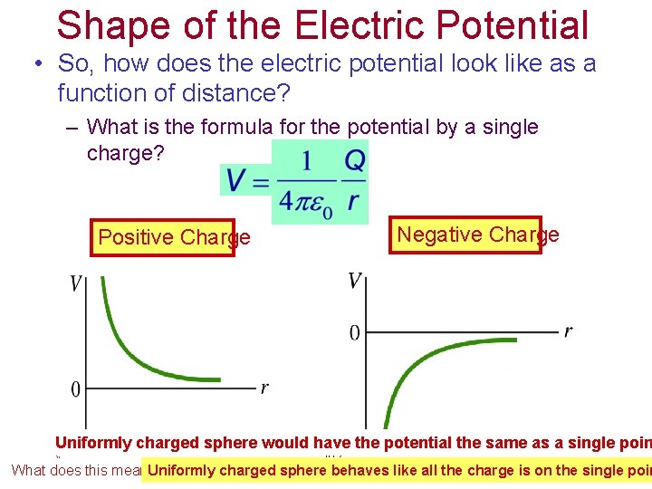 Shape of the Electric Potential • So, how does the electric potential look like