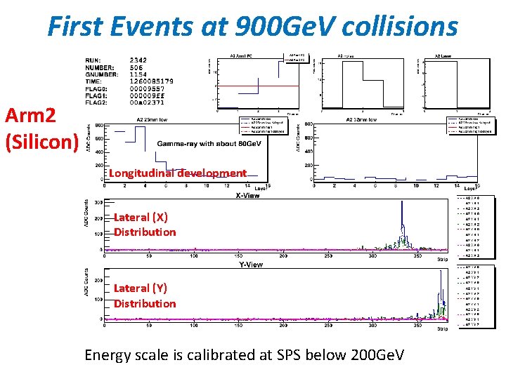 First Events at 900 Ge. V collisions Arm 2 (Silicon) Longitudinal development Lateral (X)