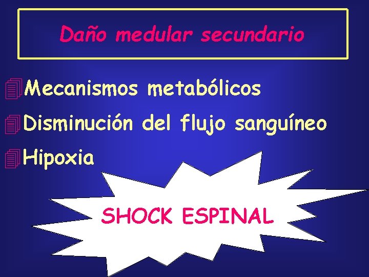 Daño medular secundario Mecanismos metabólicos Disminución del flujo sanguíneo Hipoxia SHOCK ESPINAL 