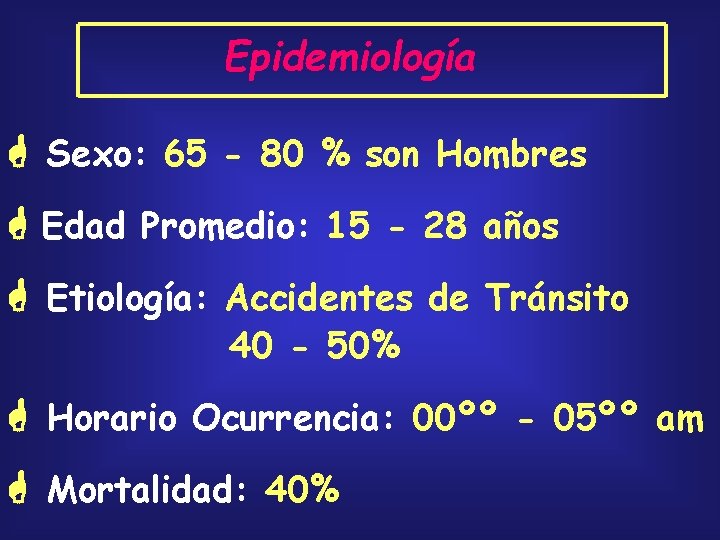 Epidemiología Sexo: 65 - 80 % son Hombres Edad Promedio: 15 - 28 años