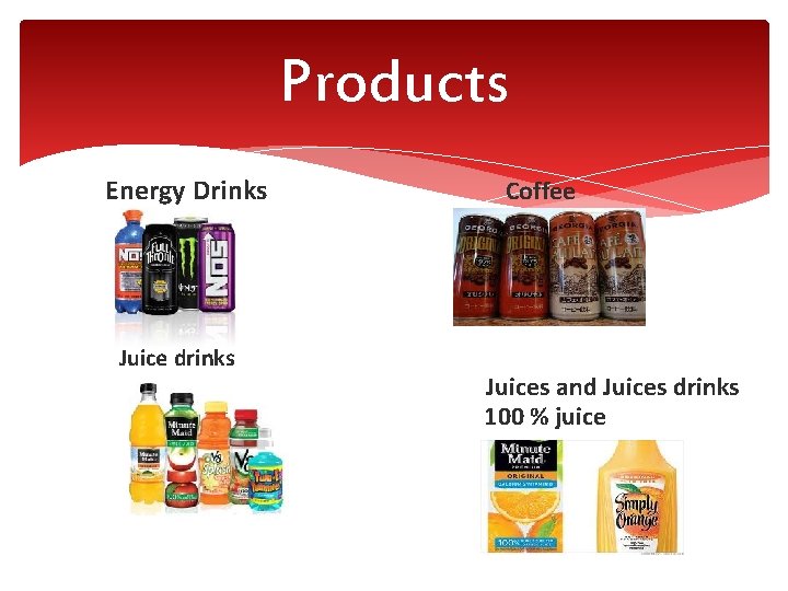 Products Energy Drinks Juice drinks Coffee Juices and Juices drinks 100 % juice 