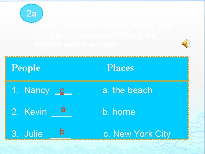 2 a Listen. Where did Nancy, Kevin, and Julie go on vacation? Match the