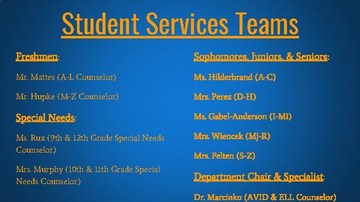 Student Services Teams Freshmen: Sophomores, Juniors, & Seniors: Mr. Mattes (A-L Counselor) Ms. Hilderbrand