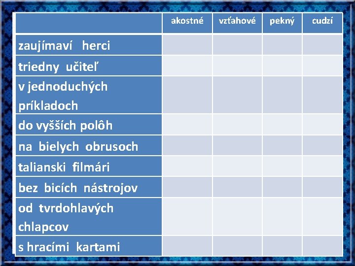 akostné zaujímaví herci triedny učiteľ v jednoduchých príkladoch do vyšších polôh na bielych obrusoch