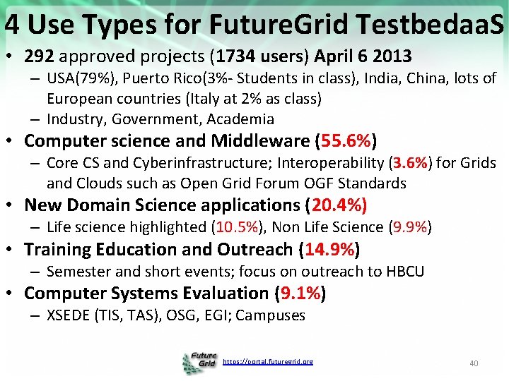 4 Use Types for Future. Grid Testbedaa. S • 292 approved projects (1734 users)