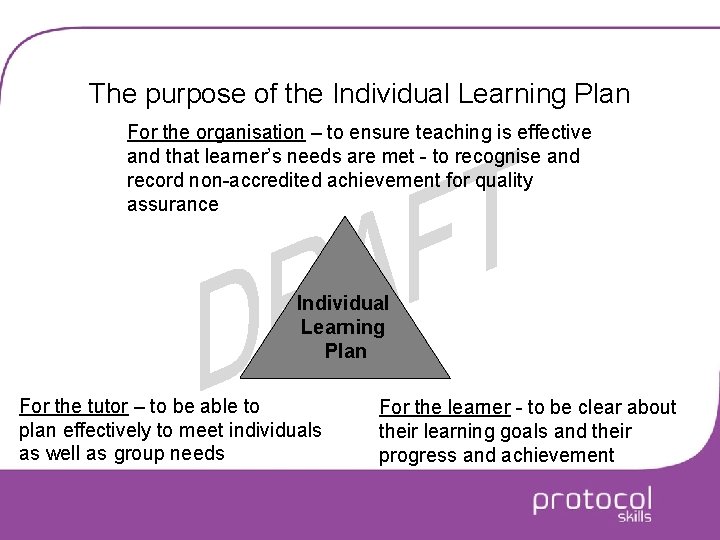 The purpose of the Individual Learning Plan For the organisation – to ensure teaching