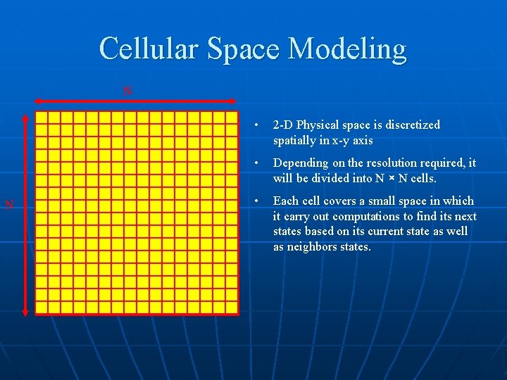 Cellular Space Modeling N N • 2 -D Physical space is discretized spatially in