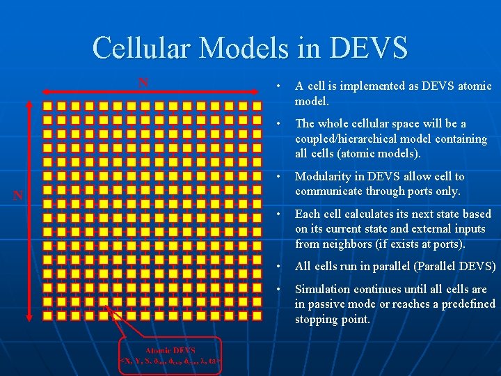 Cellular Models in DEVS N • A cell is implemented as DEVS atomic model.