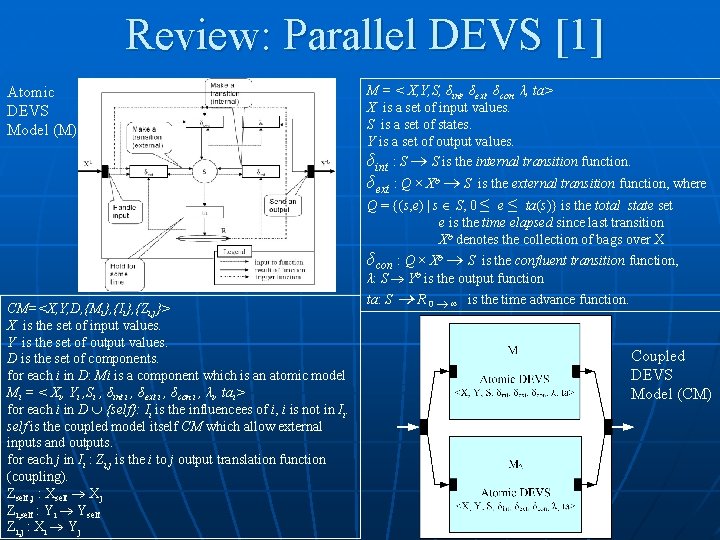 Review: Parallel DEVS [1] Atomic DEVS Model (M) M = < X, Y, S,