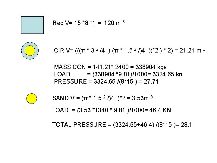 Rec V= 15 *8 *1 = 120 m 3 CIR V= (((π * 3 Rec V= 15 *8 *1 = 120 m 3 CIR V= (((π * 3