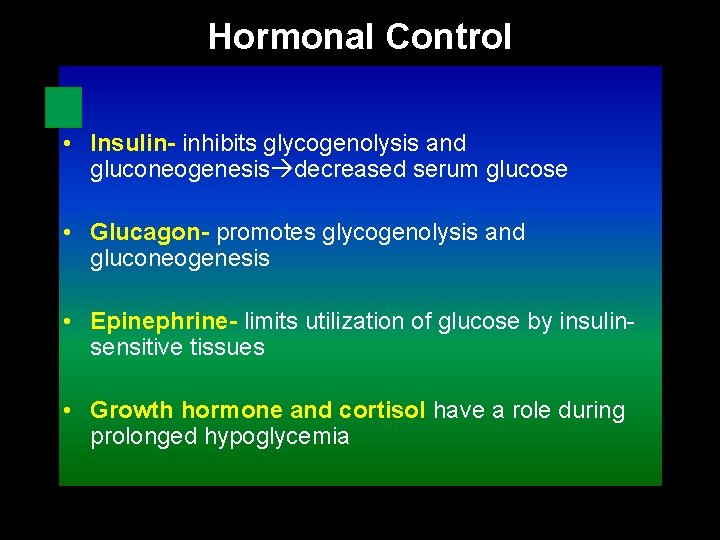 Hormonal Control • Insulin- inhibits glycogenolysis and gluconeogenesis decreased serum glucose • Glucagon- promotes