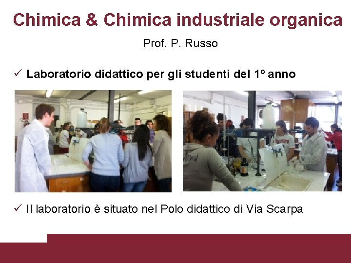 Chimica & Chimica industriale organica Prof. P. Russo Laboratorio didattico per gli studenti del