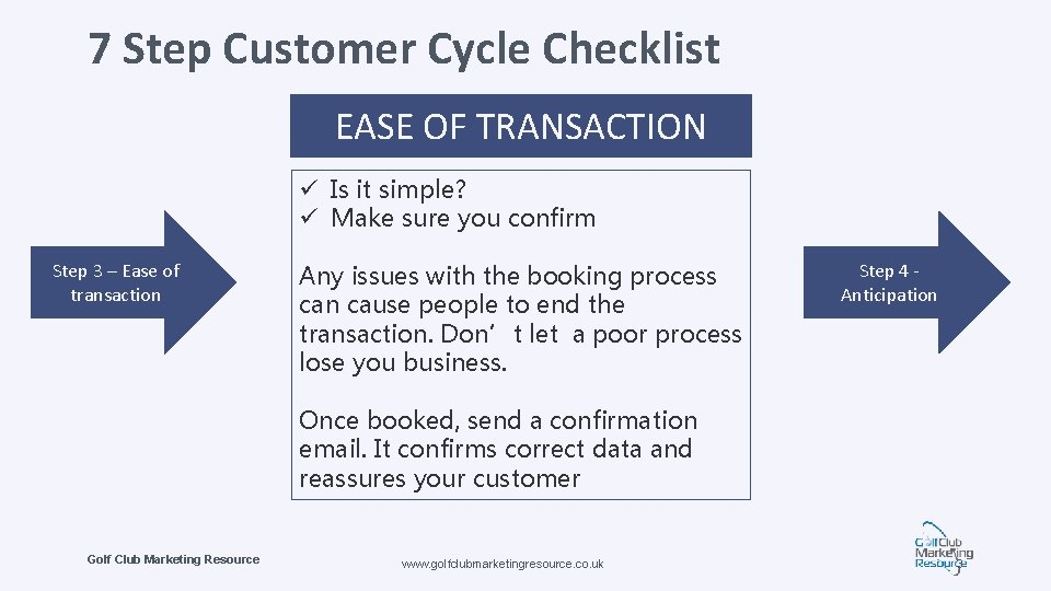 7 Step Customer Cycle Checklist EASE OF TRANSACTION ü Is it simple? ü Make