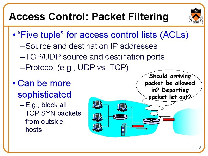 Access Control: Packet Filtering • “Five tuple” for access control lists (ACLs) – Source