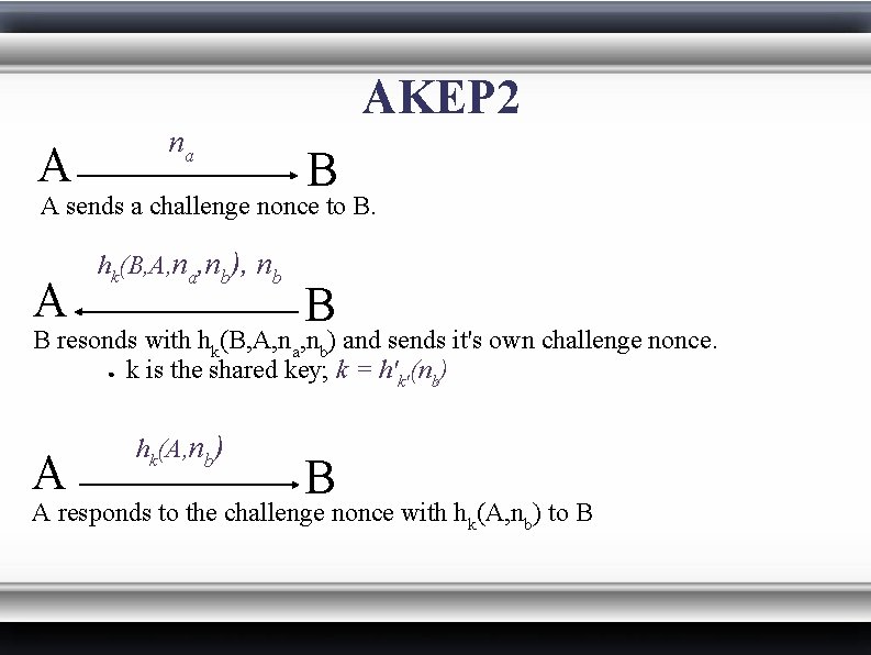 AKEP 2 A na B A sends a challenge nonce to B. A hk(B,