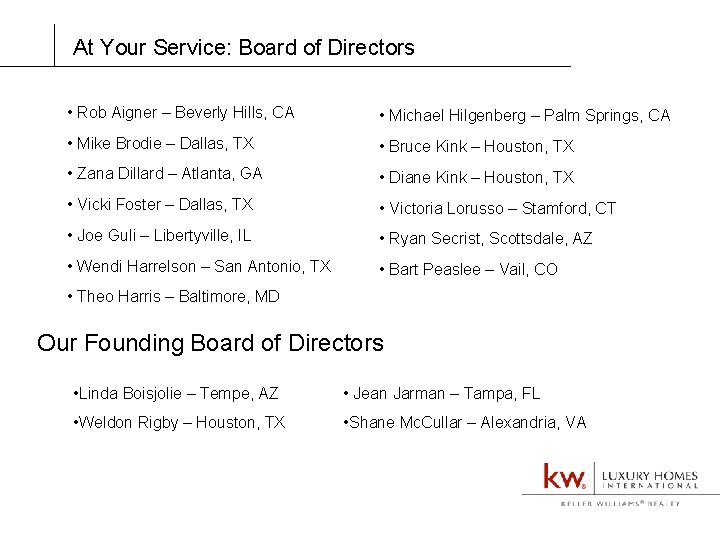 At Your Service: Board of Directors • Rob Aigner – Beverly Hills, CA •