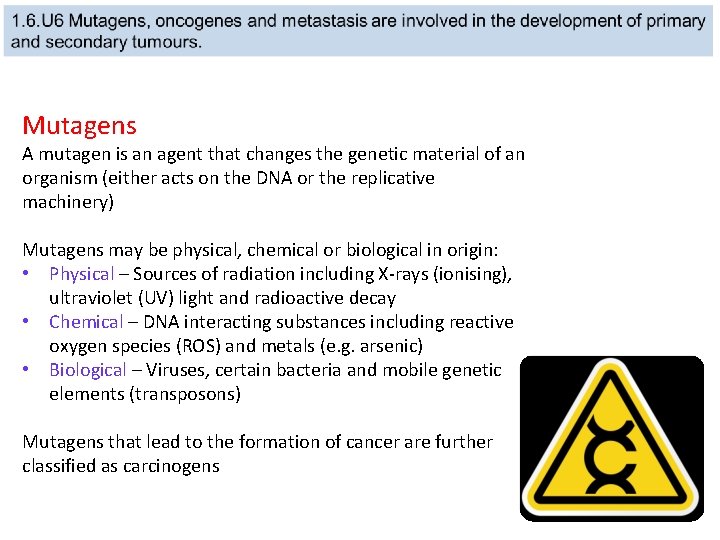 Mutagens A mutagen is an agent that changes the genetic material of an organism