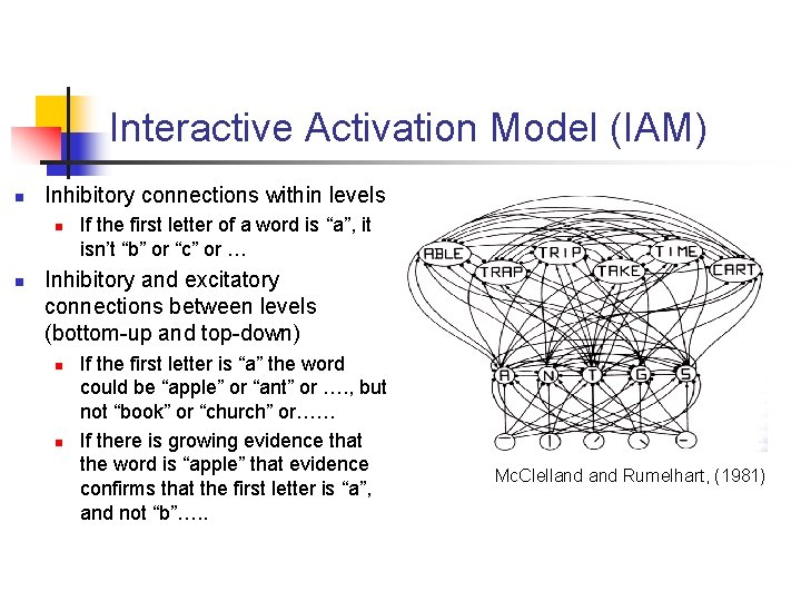 Interactive Activation Model (IAM) n Inhibitory connections within levels n n If the first
