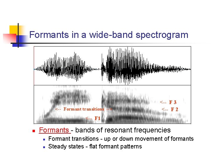 Formants in a wide-band spectrogram <-- Formant transitions --> <-- F 3 <-- F