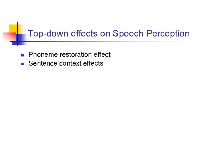 Top-down effects on Speech Perception n n Phoneme restoration effect Sentence context effects 