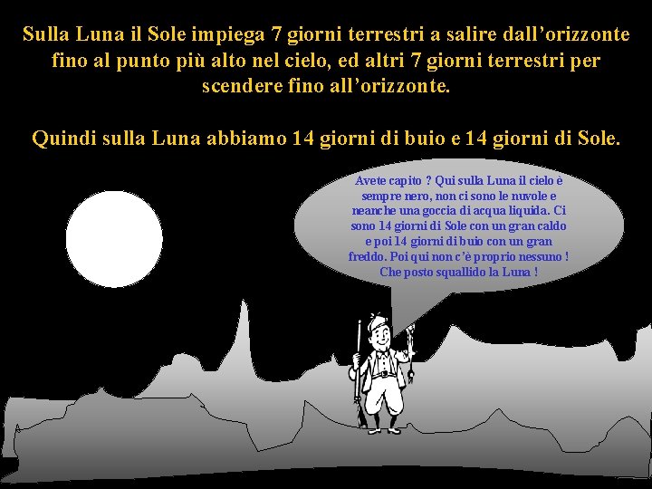 Sulla Luna il Sole impiega 7 giorni terrestri a salire dall’orizzonte fino al punto