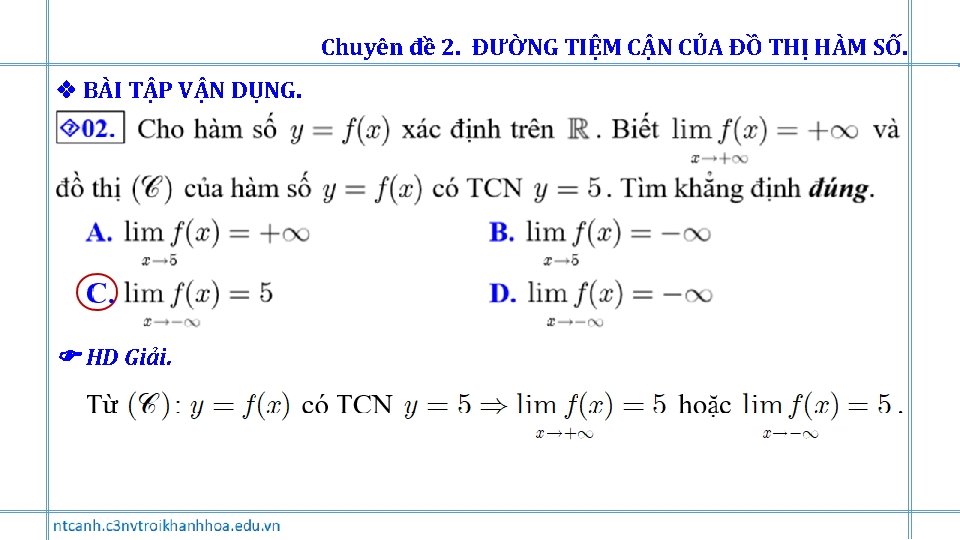 Chuyên đề 2. ĐƯỜNG TIỆM CẬN CỦA ĐỒ THỊ HÀM SỐ. BÀI TẬP VẬN