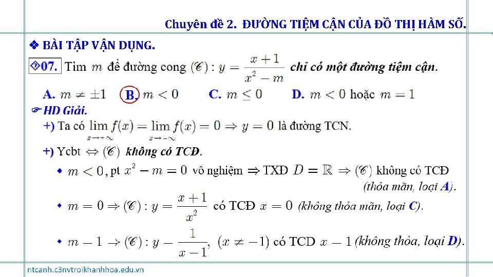 Chuyên đề 2. ĐƯỜNG TIỆM CẬN CỦA ĐỒ THỊ HÀM SỐ. BÀI TẬP VẬN