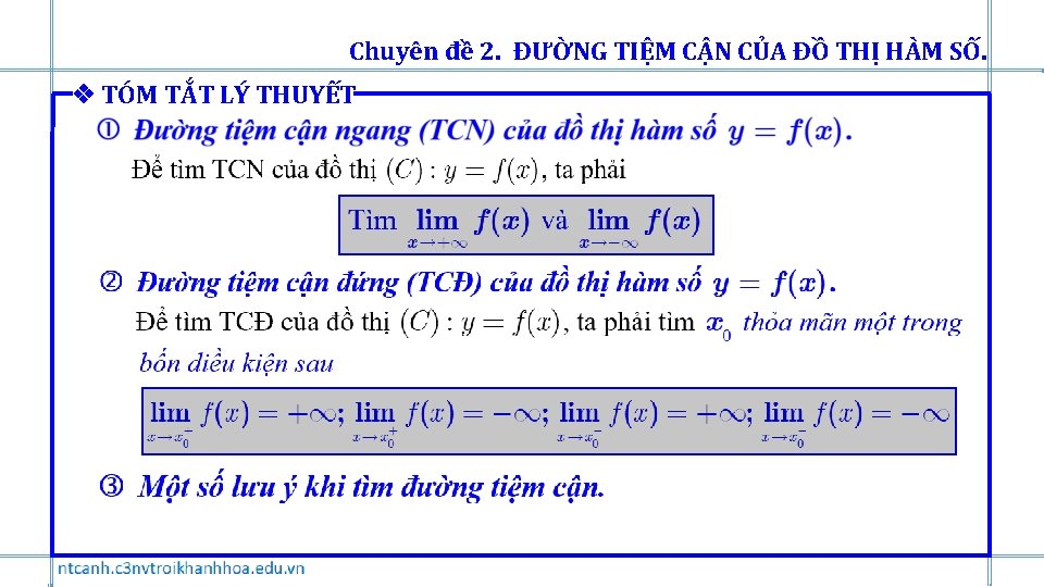 Chuyên đề 2. ĐƯỜNG TIỆM CẬN CỦA ĐỒ THỊ HÀM SỐ. TÓM TẮT LÝ