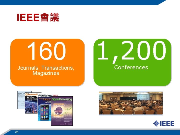 IEEE會議 160 Journals, Transactions, Magazines 24 1, 200 Conferences 