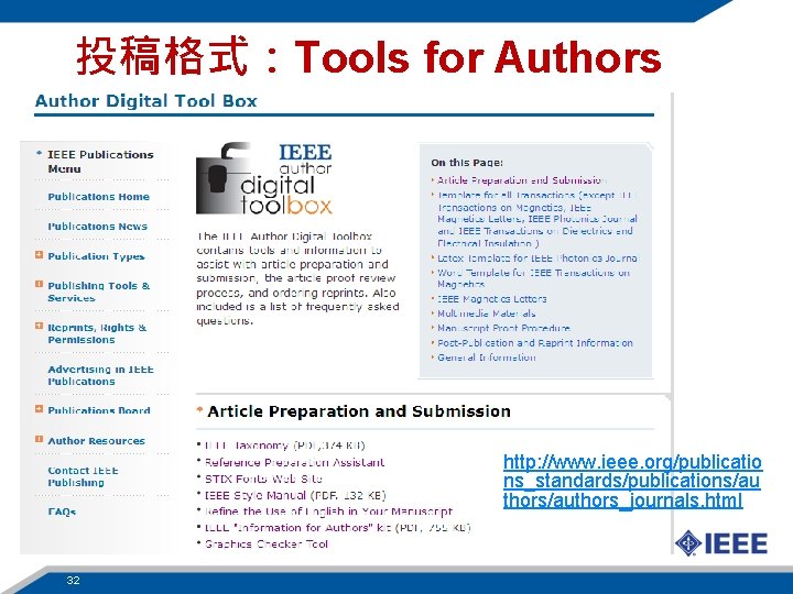投稿格式：Tools for Authors http: //www. ieee. org/publicatio ns_standards/publications/au thors/authors_journals. html 32 