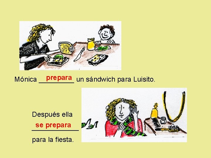 prepara un sándwich para Luisito. Mónica _____ Después ella se prepara ______ para la