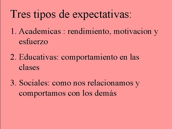 Tres tipos de expectativas: 1. Academicas : rendimiento, motivacion y esfuerzo 2. Educativas: comportamiento
