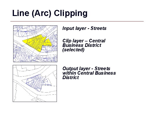 Line (Arc) Clipping Input layer - Streets Clip layer – Central Business District (selected)