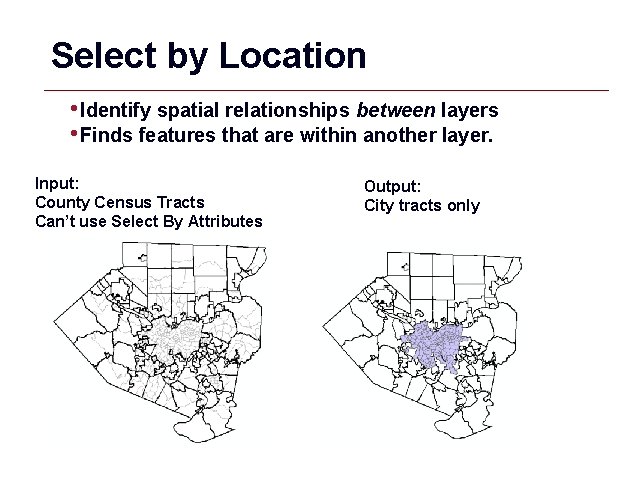 Select by Location • Identify spatial relationships between layers • Finds features that are