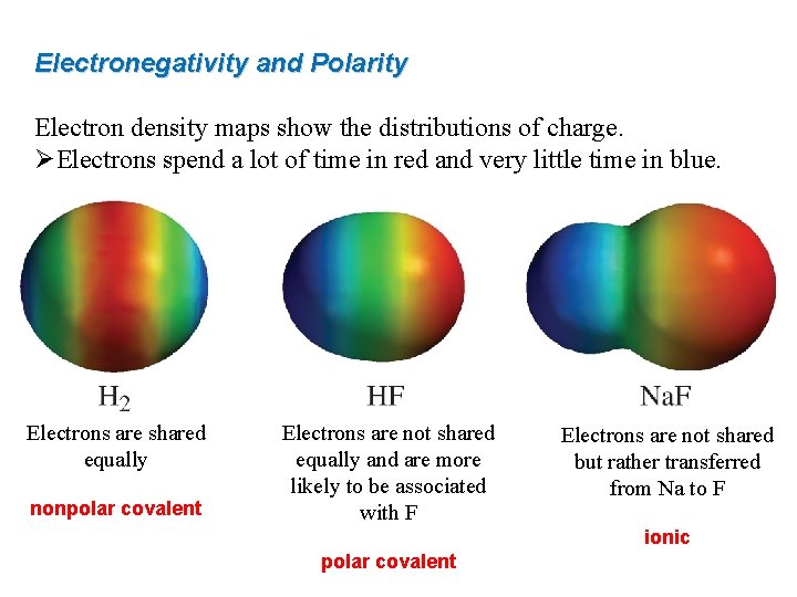 Electronegativity and Polarity Electron density maps show the distributions of charge. Electrons spend a