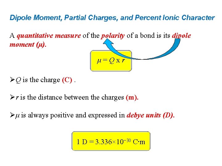 Dipole Moment, Partial Charges, and Percent Ionic Character A quantitative measure of the polarity