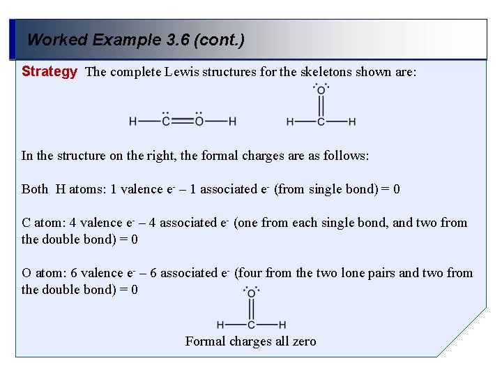 Worked Example 3. 6 (cont. ) Strategy The complete Lewis structures for the skeletons