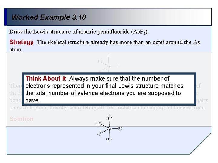 Worked Example 3. 10 Draw the Lewis structure of arsenic pentafluoride (As. F 5).