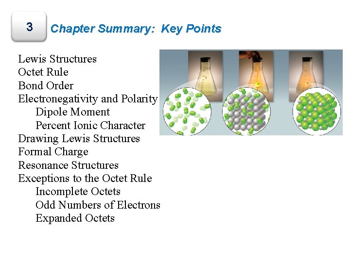 3 Chapter Summary: Key Points Lewis Structures Octet Rule Bond Order Electronegativity and Polarity