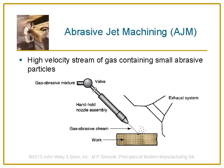 Abrasive Jet Machining (AJM) § High velocity stream of gas containing small abrasive particles