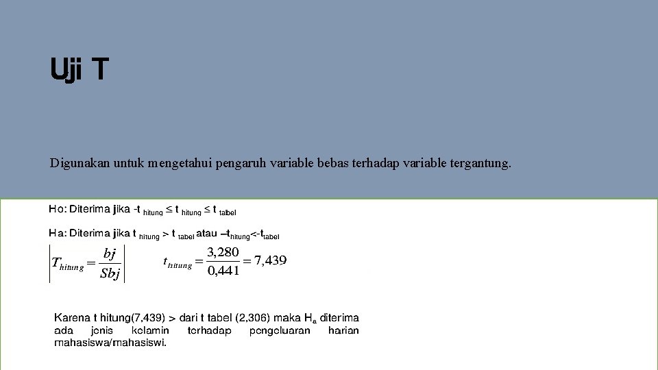 Uji T Digunakan untuk mengetahui pengaruh variable bebas terhadap variable tergantung. 